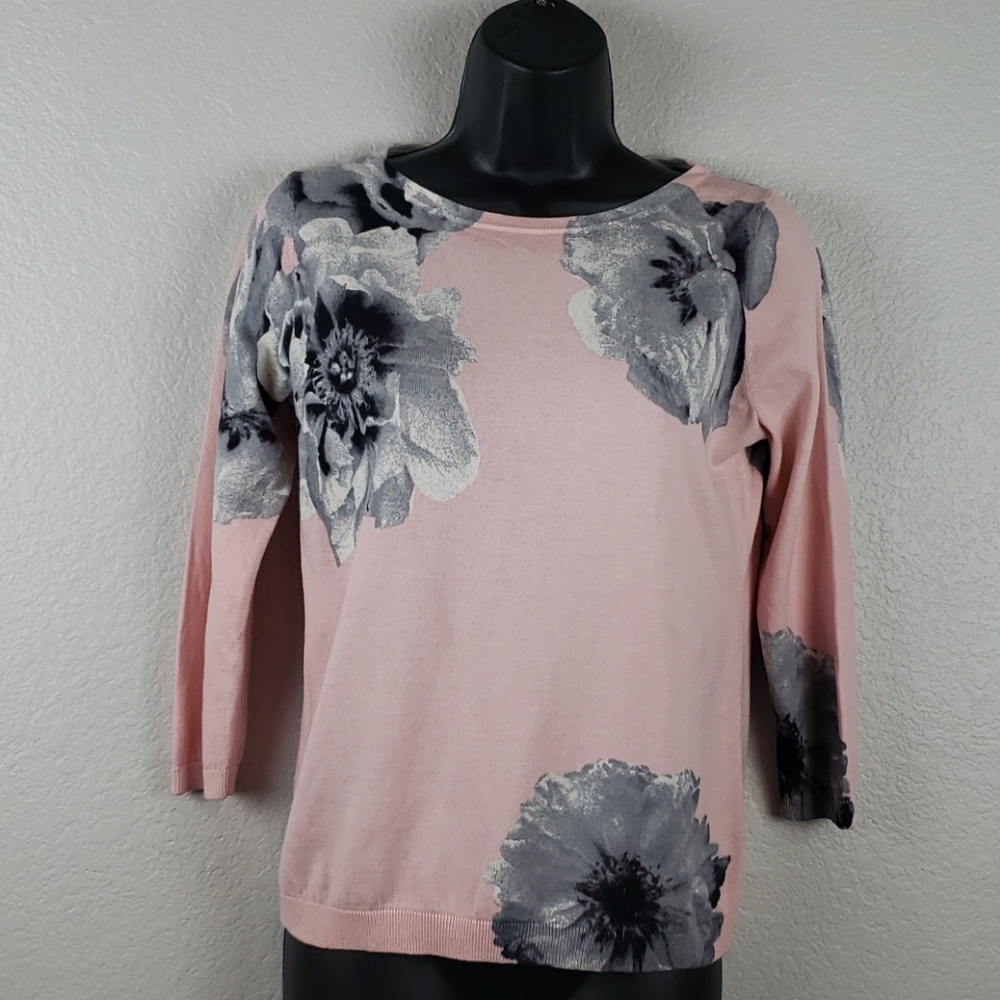 Talbots | Women's Pink Gray Floral 3/4 Sleeve Sweater SP